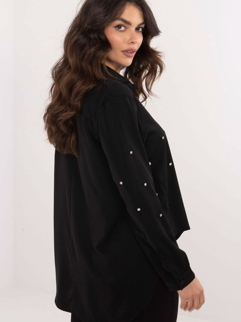 Chemise noire femme Léa zircons, coupe ajustée manches longues — vue 2