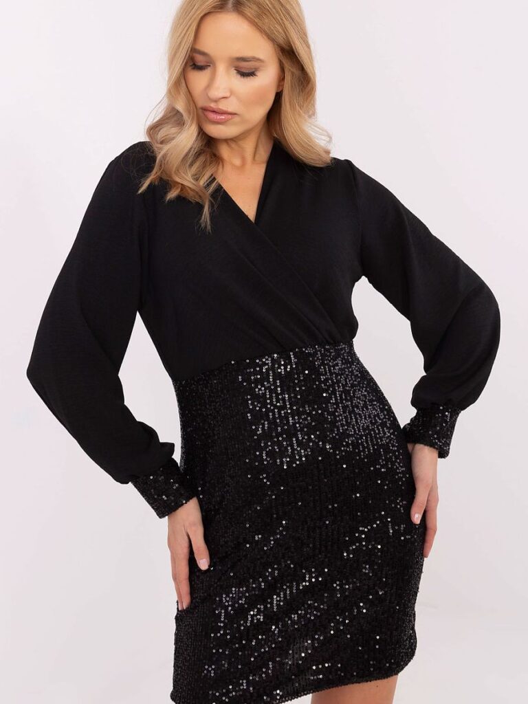 Robe soirée noire paillettes manches bouffantes cache-cœur