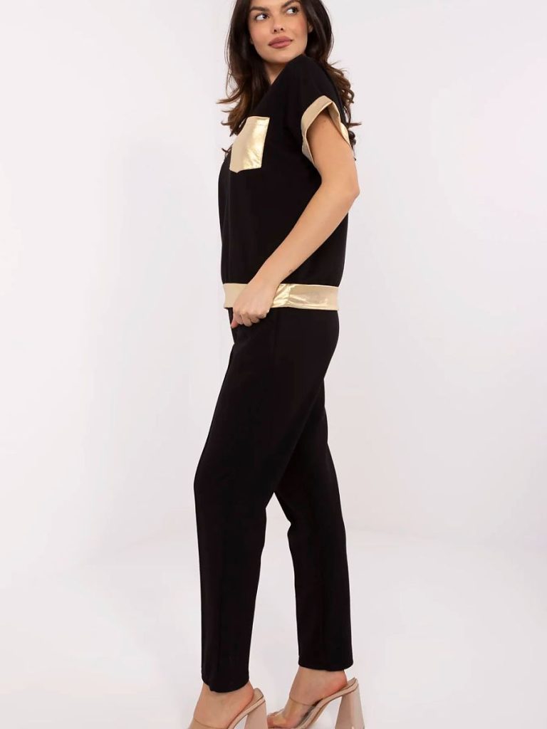 Ensemble femme chemisier V doré et pantalon noir taille haute — vue 1