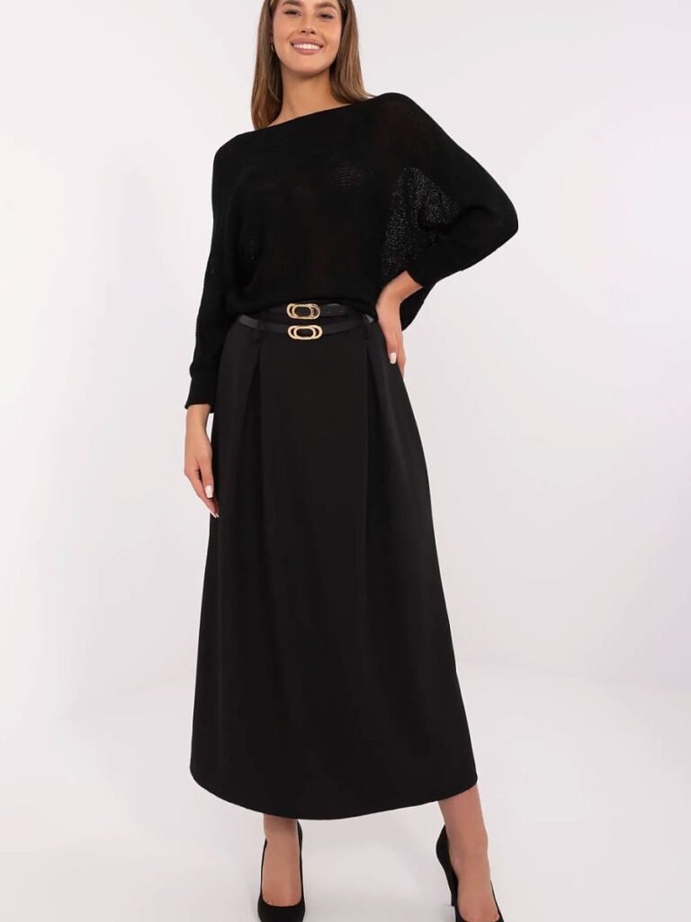 Jupe maxi noire longue avec ceintures boutonnées, vue de face