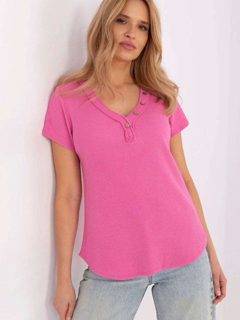 Chemise rose coton ajustée, manches courtes, décolleté V, femme