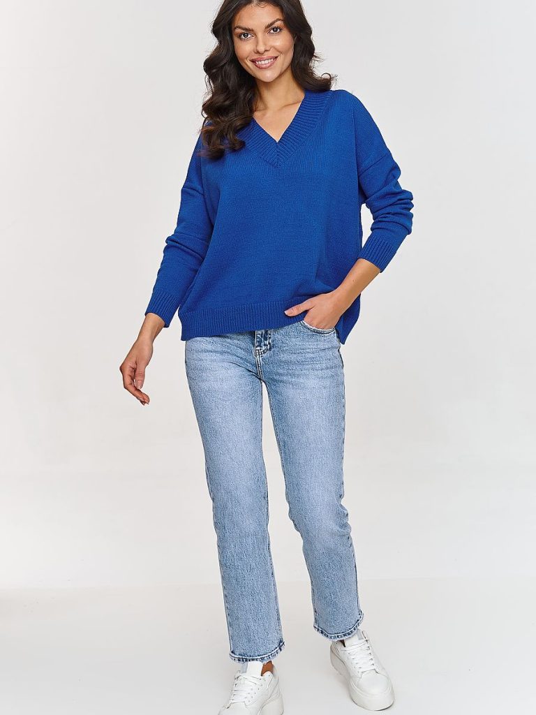 Pull col V en viscose bleu royal, coupe ample, finitions côtelées — vue 1