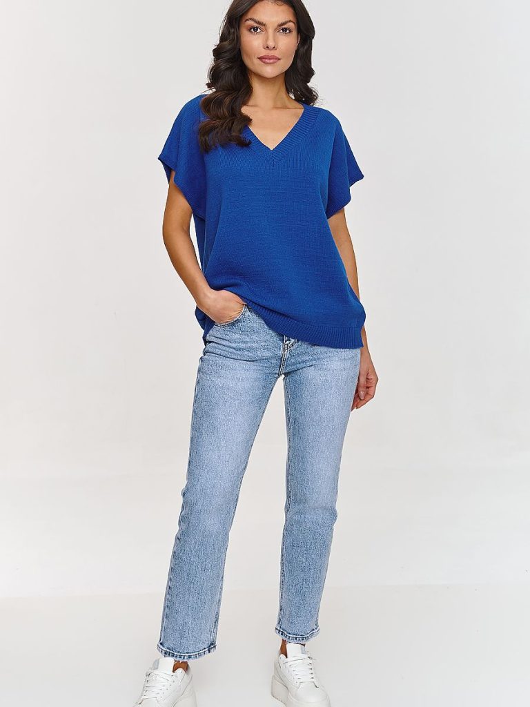 Pull col V bleu roi coupe oversize manches courtes — vue 1