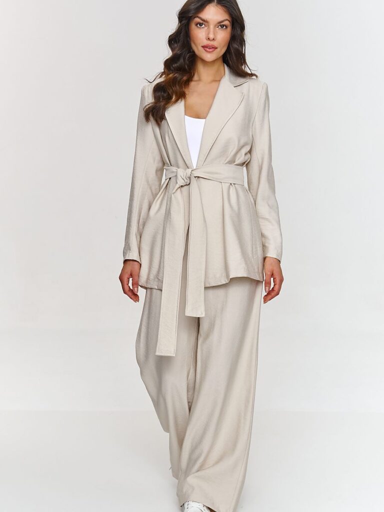 Ensemble veste et pantalon beige fluide ceinture ajustable femme