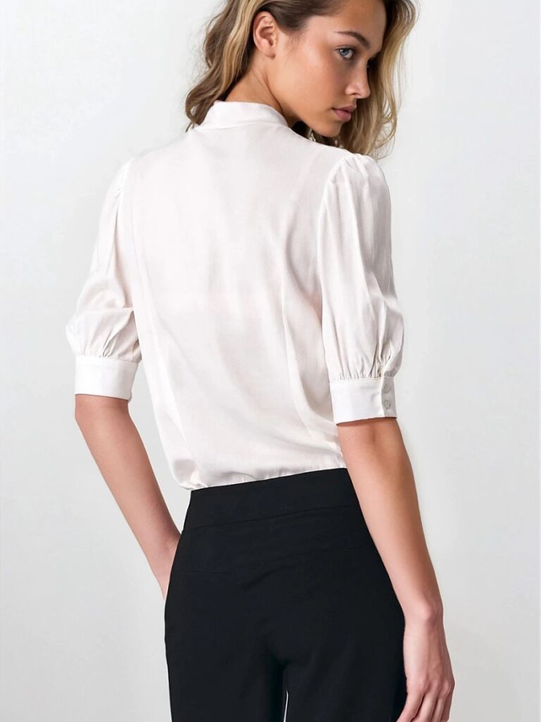 Chemisier beige manches bouffantes nœud décolleté viscose — vue 2