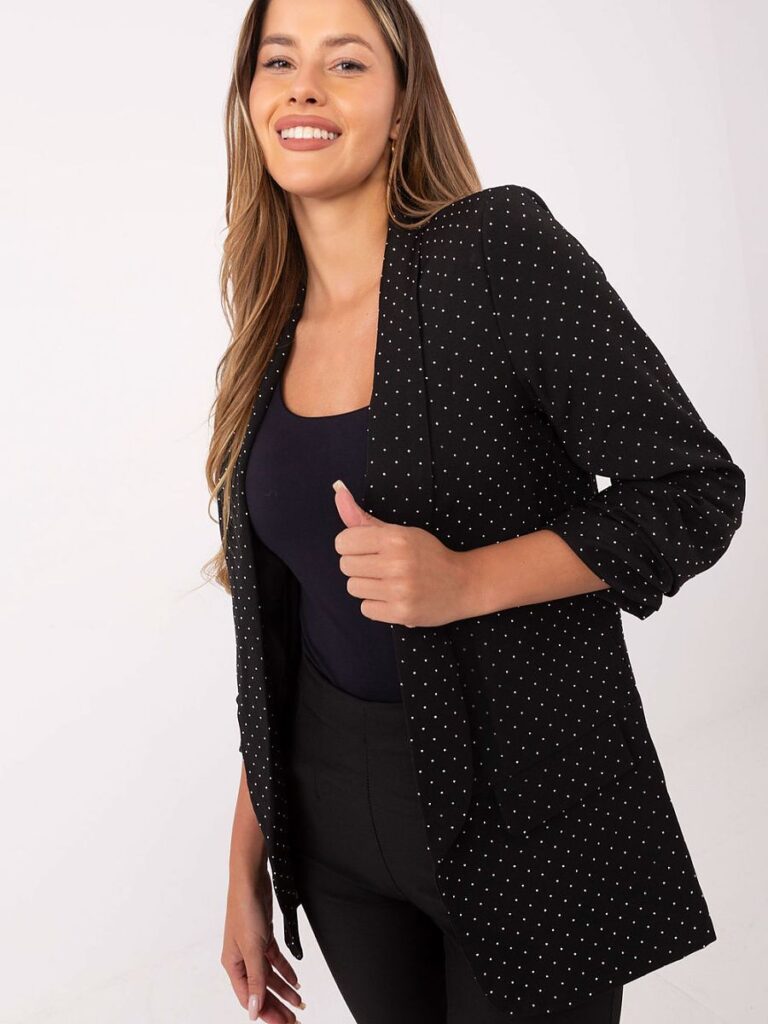 Blazer noir scintillant strass, manches 3/4, col ouvert épuré — vue 1