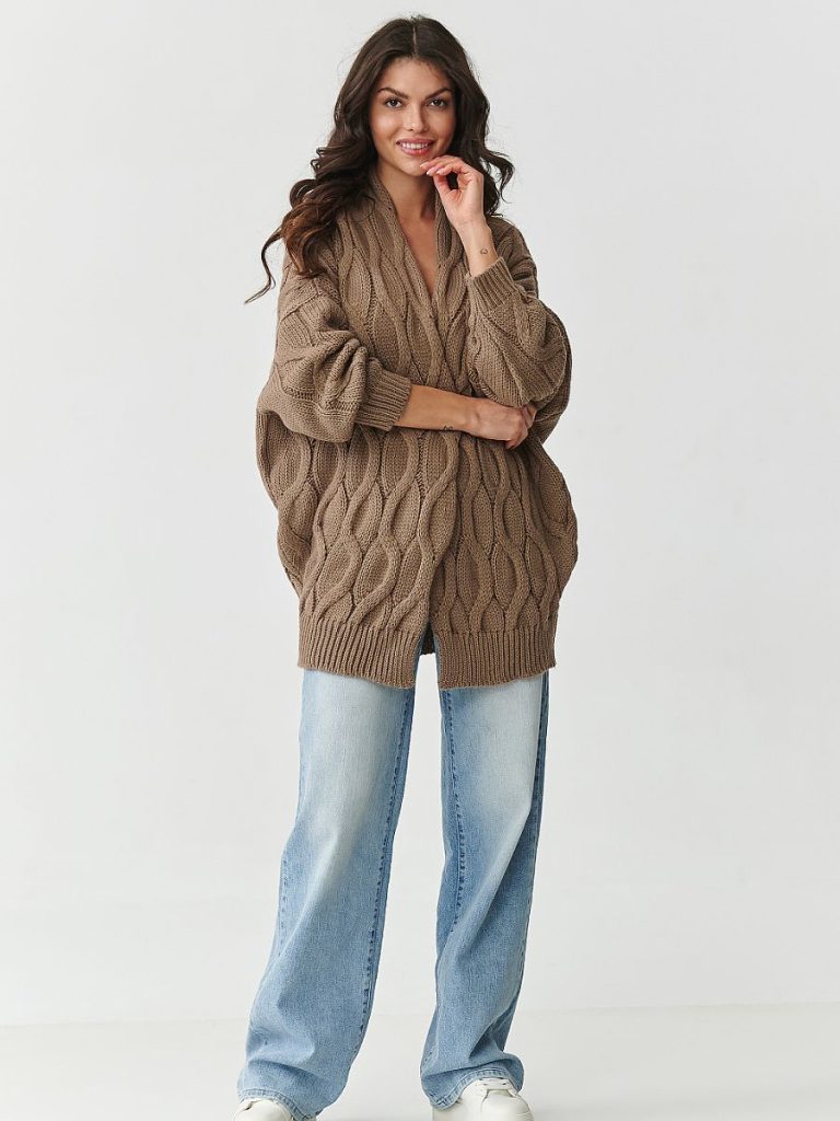 Cardigan beige oversize maille torsadée, coupe généreuse — vue 1