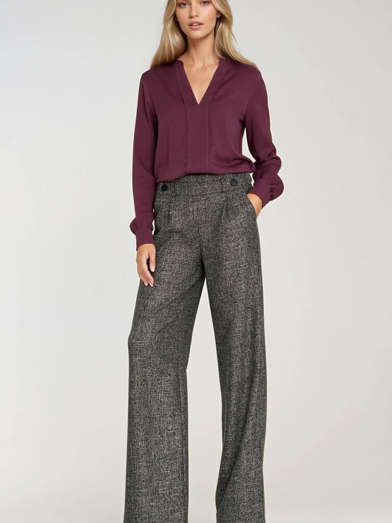 Pantalon Élise taille haute gris chiné, coupe relaxed, plis avant — vue 1