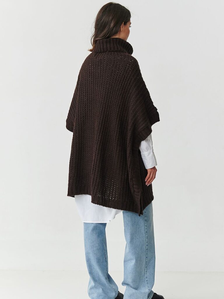 Poncho laine col montant chocolat, manches trois-quarts, poches avant — vue 2