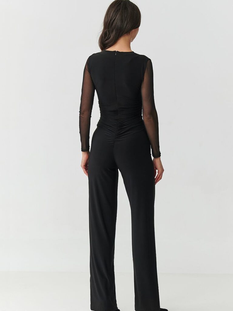 Combinaison soirée noire tulle manches transparentes coupe épousée jambes larges — vue 2