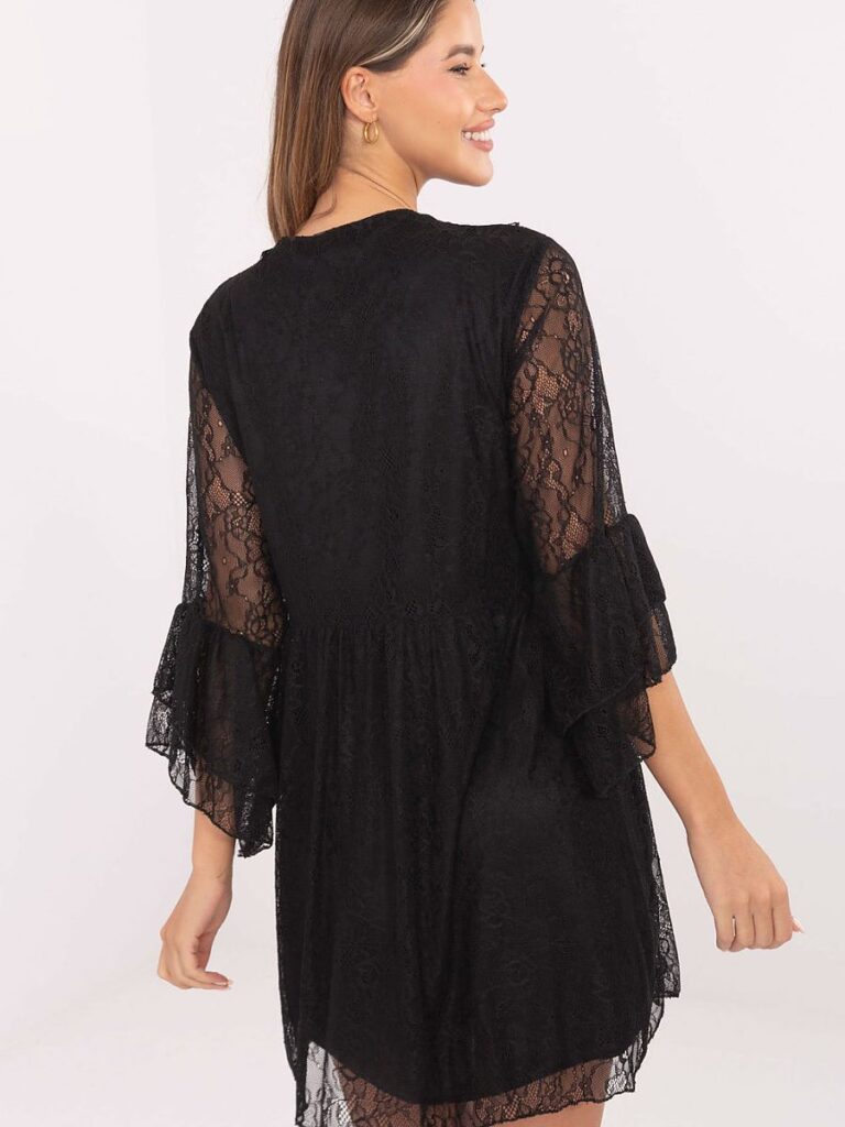 Robe soirée noire dentelle ajourée décolleté cœur nœud manches volants — vue 2