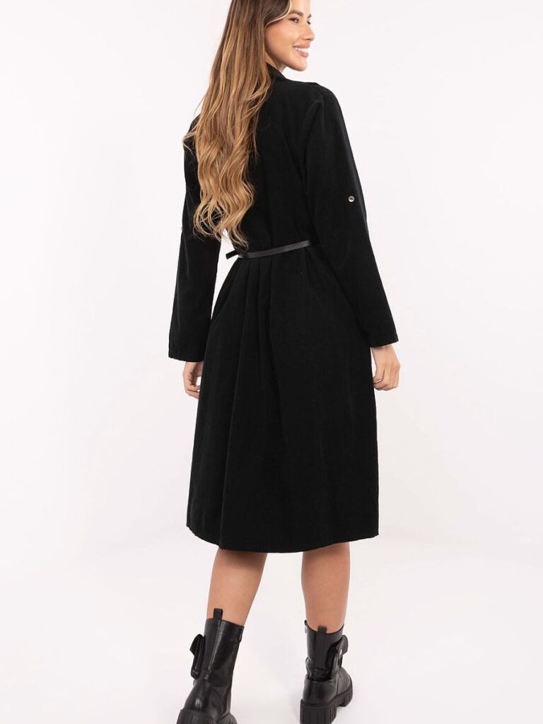 Robe chemise noire ceinturée mi-long, coton pur, col structuré — vue 2