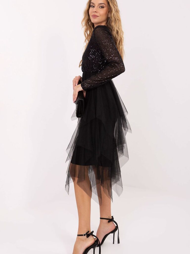 Robe de soirée noir paillettes bustier croisé manches longues tulle — vue 1