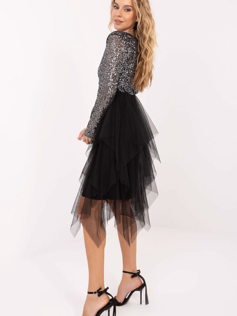 Robe de soirée paillettes et tulle argent décolleté cache-cœur manches longues — vue 1