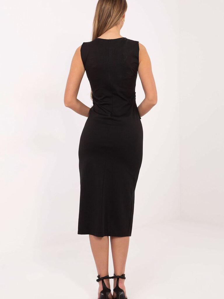Robe crayon noire mi-longue avec boutons dorés et col rond — vue 2