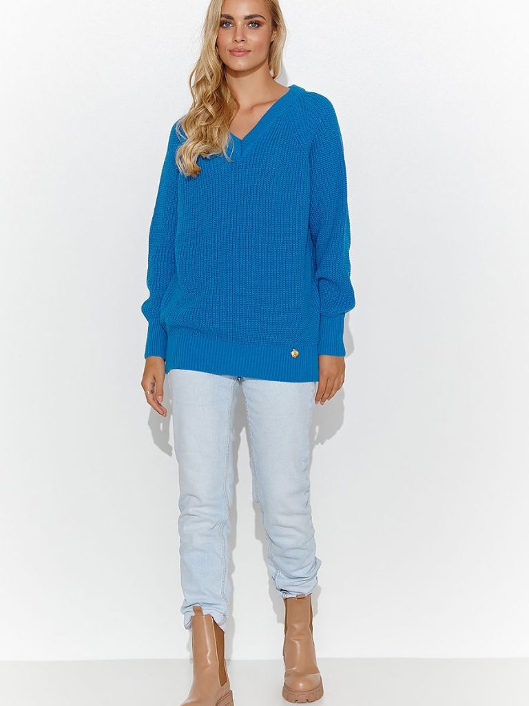 Pull femme col cœur bleu roi avec ornements dorés, coupe ample — vue 1