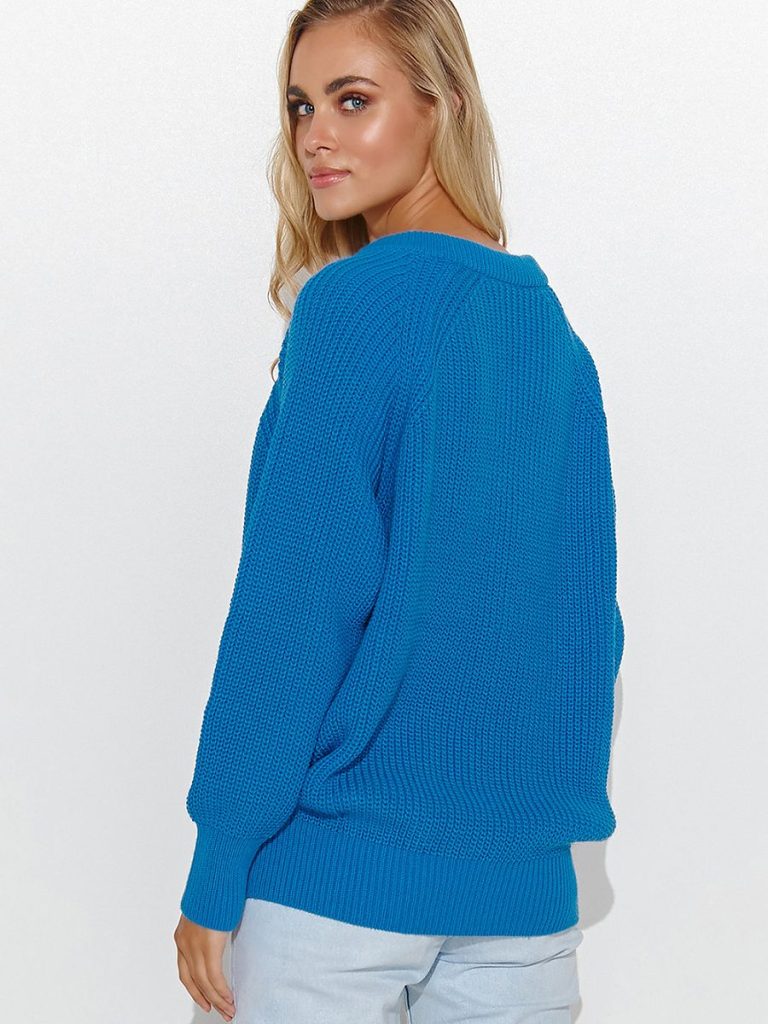 Pull femme col cœur bleu roi avec ornements dorés, coupe ample — vue 2