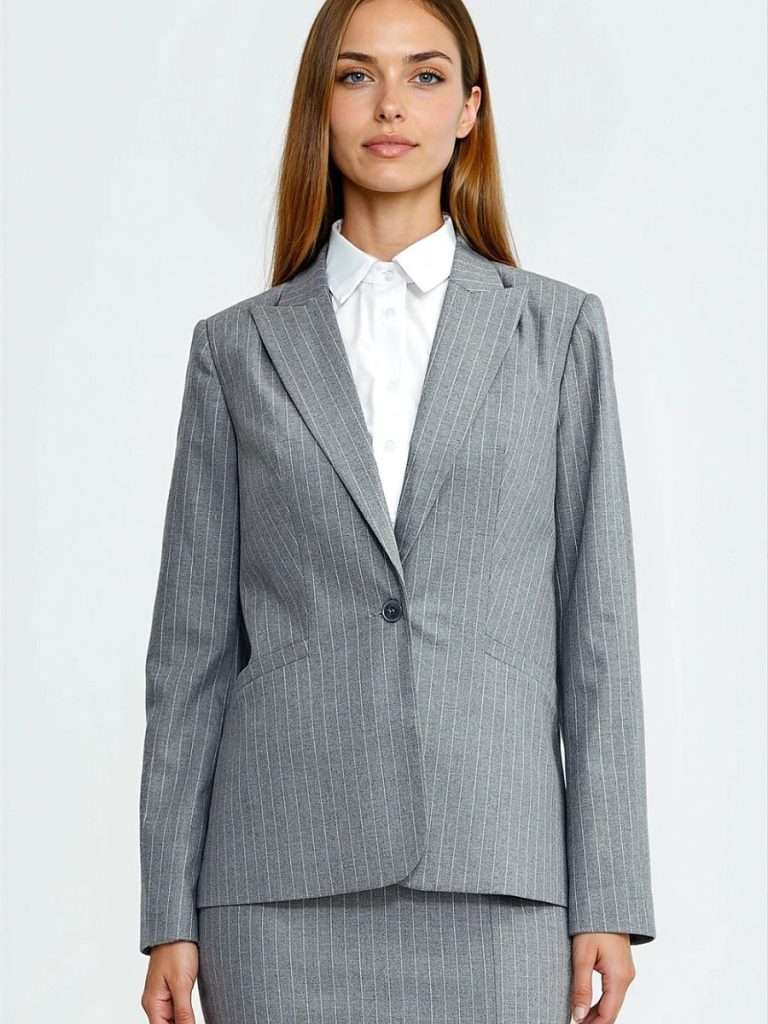 Blazer femme gris rayé cintré, coupe classique épaulettes structurantes — vue 1