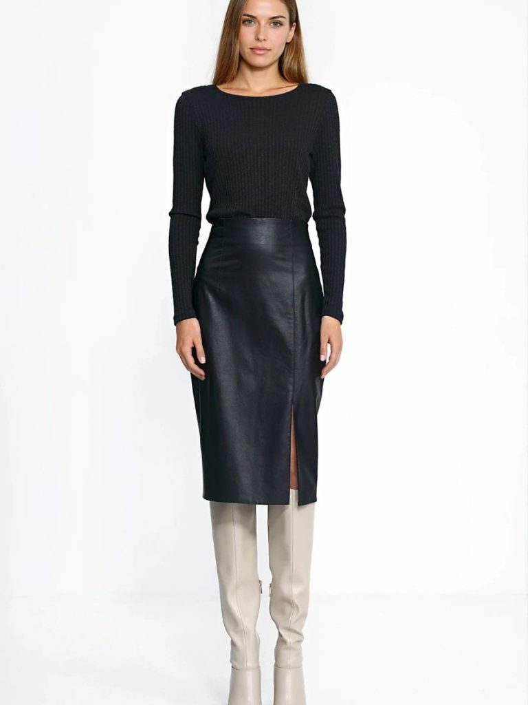 Jupe crayon noire taille haute avec fente latérale, coupe ajustée — vue 1