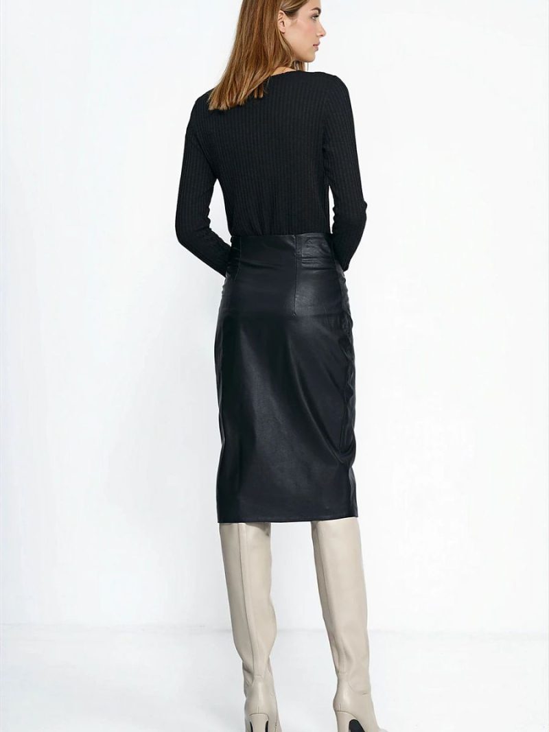 Jupe crayon midi taille haute avec fente latérale en éco-cuir — vue 2