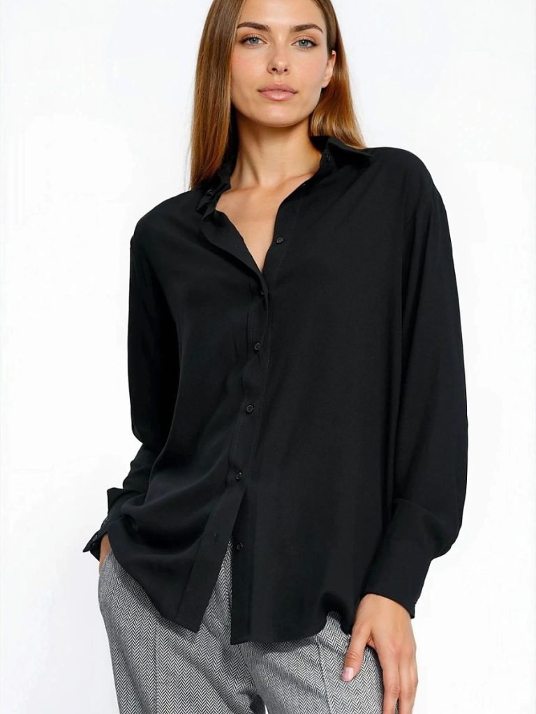 Chemise noir viscose fluide, col classique, manches longues femme