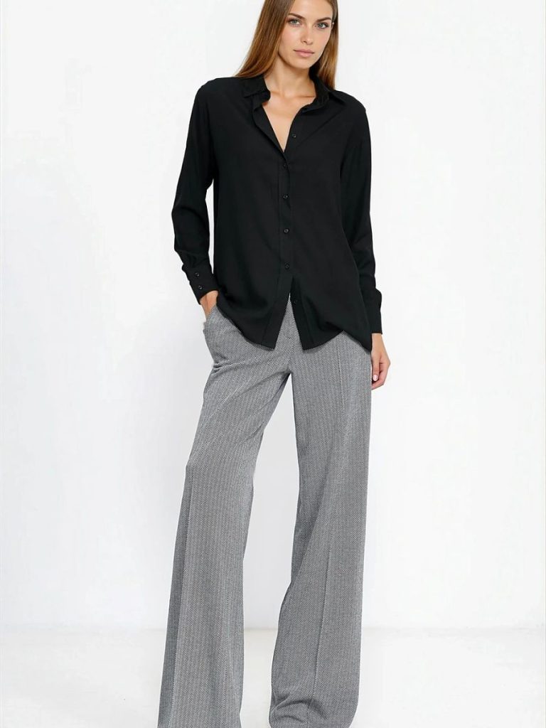 Chemise noir viscose fluide, col classique, manches longues femme — vue 1