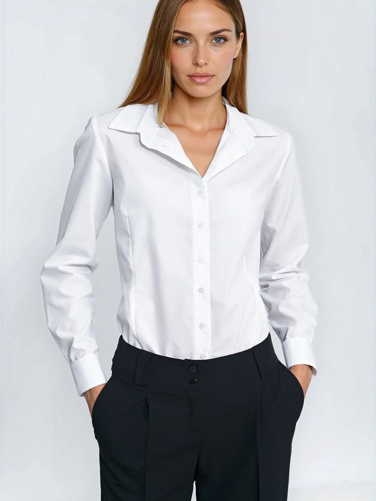 Chemise blanche cintrée manches longues col structuré femme