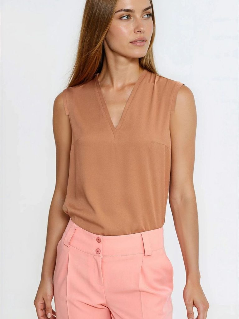 Chemisier femme Victoria beige viscose col V sans manches