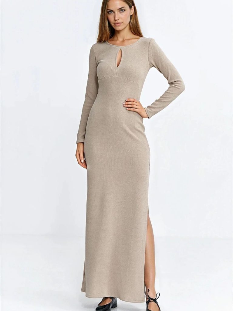 Robe Léa maxi cintrée côtelé beige avec manches longues