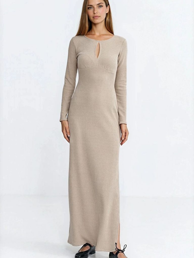 Robe Léa maxi cintrée côtelé beige avec manches longues — vue 1