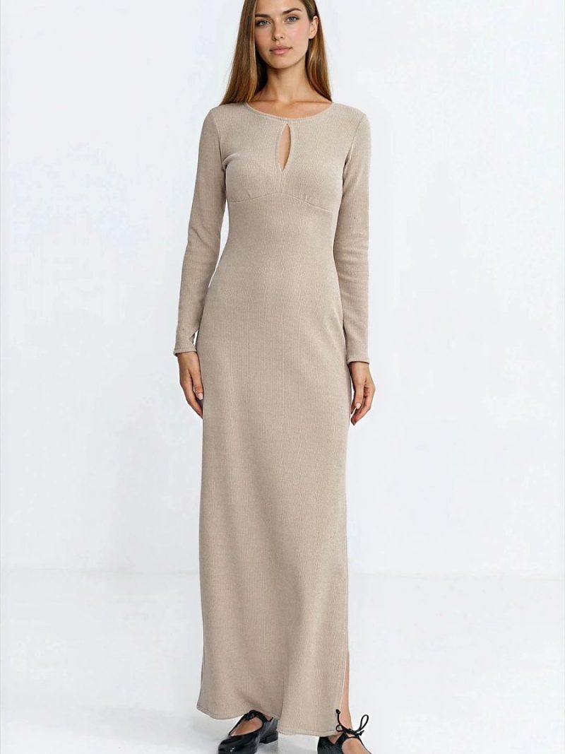 Robe Léa maxi côtelée cintrée col arrondi manches longues — vue 1