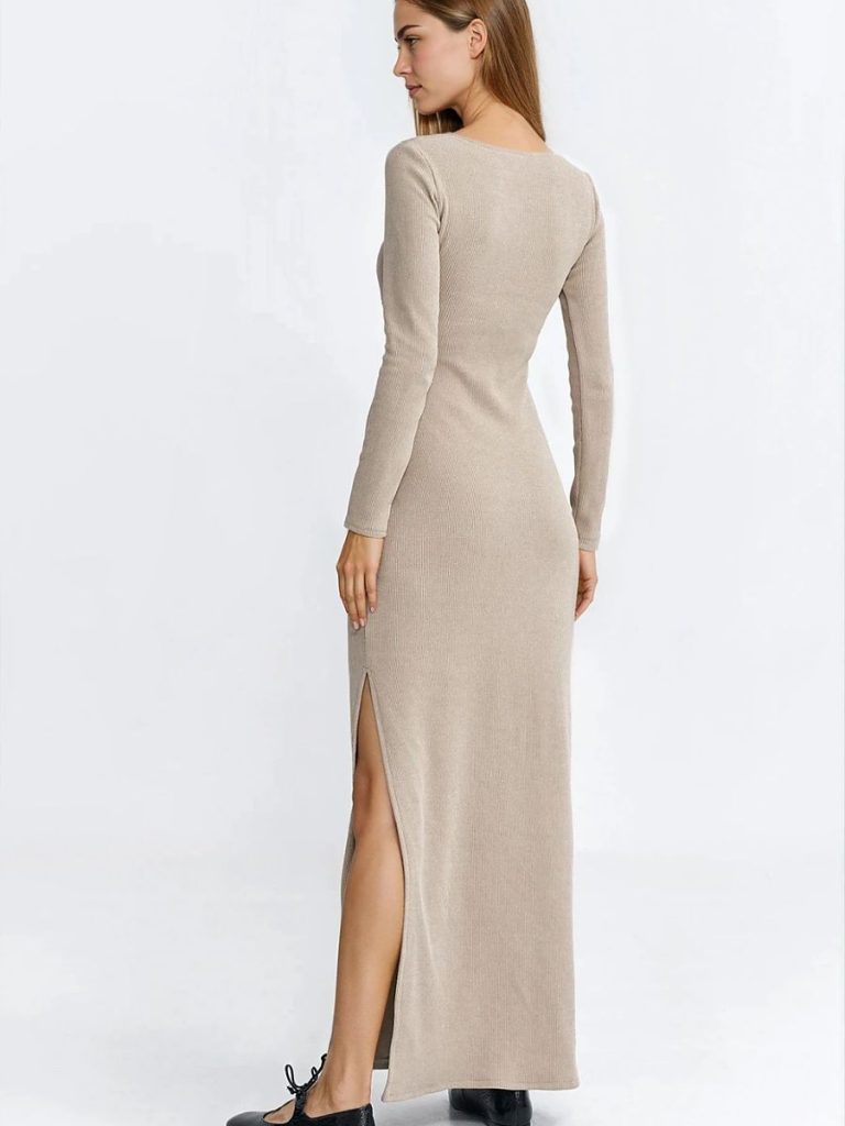 Robe Léa maxi cintrée côtelé beige avec manches longues — vue 2