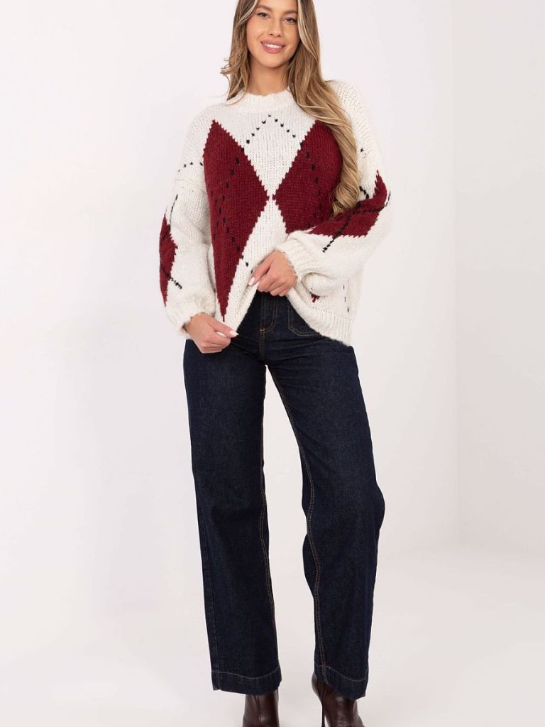 Pull feminin géométrique avec manches bouffantes, col rond, mailles mixtes