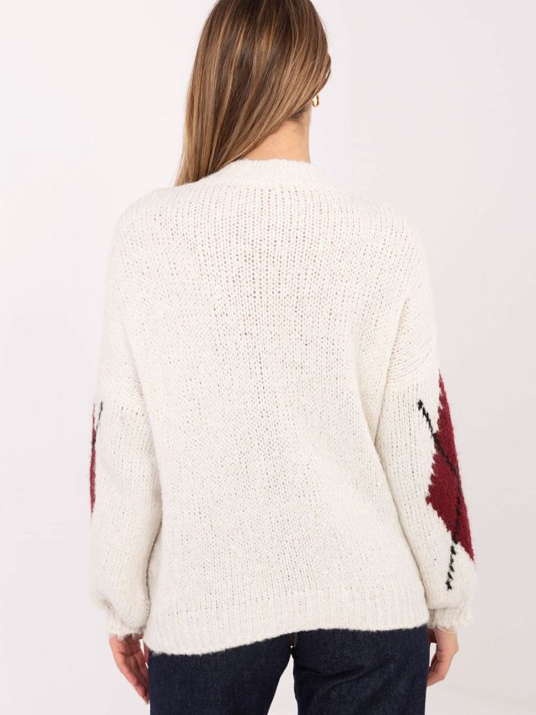 Pull feminin géométrique avec manches bouffantes, col rond, mailles mixtes — vue 1