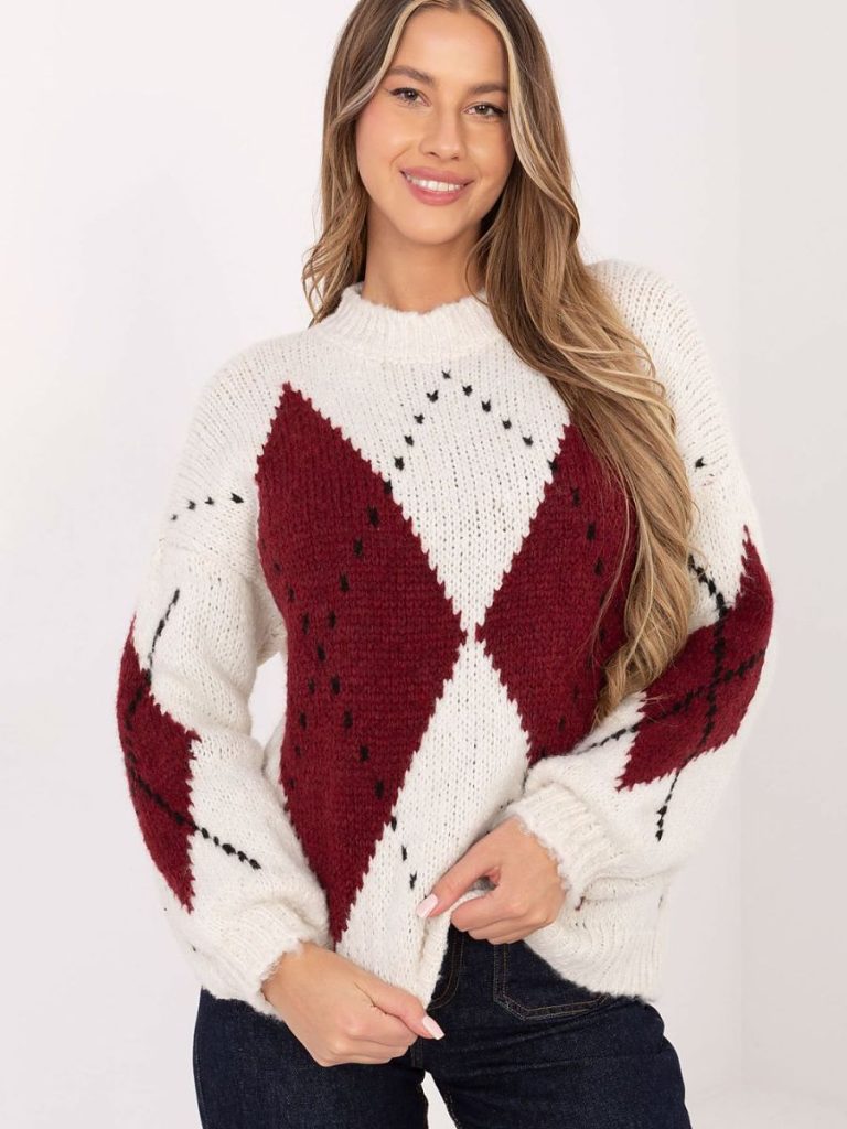 Pull feminin géométrique avec manches bouffantes, col rond, mailles mixtes — vue 3