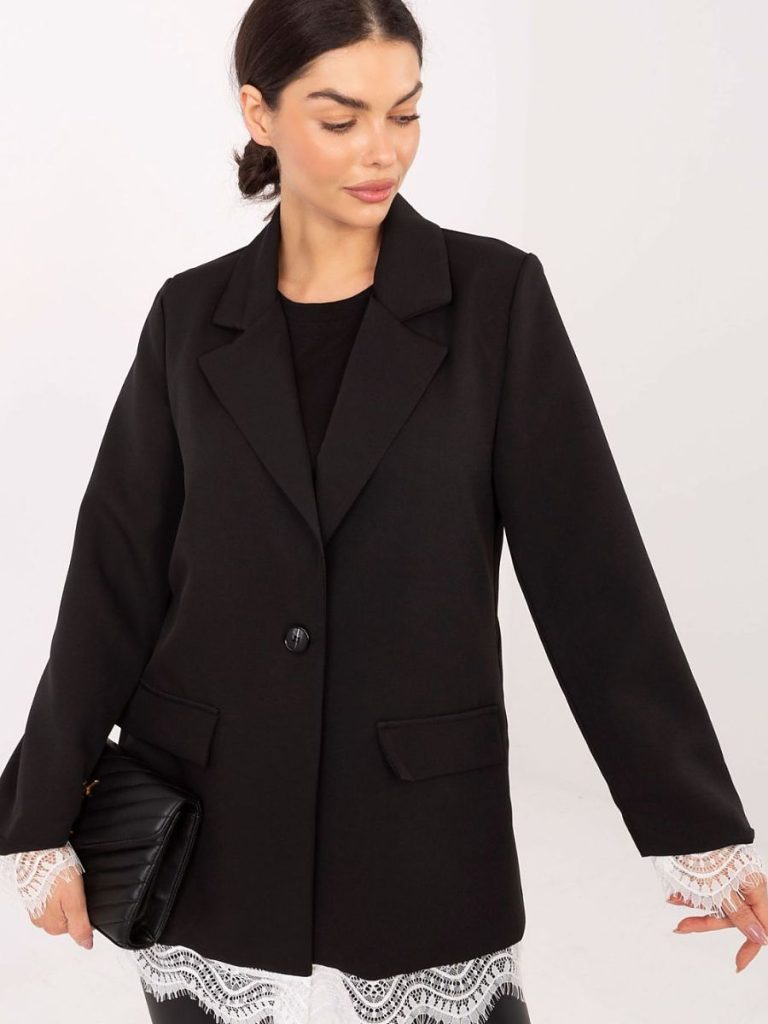 Blazer noir femme avec détails dentelle aux manches et ourlet — vue 3