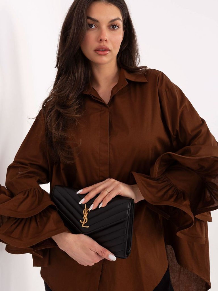 Chemise Camille brun volants manches longues coton femme