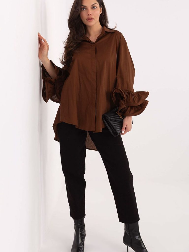 Chemise Camille brun volants manches longues coton femme — vue 1