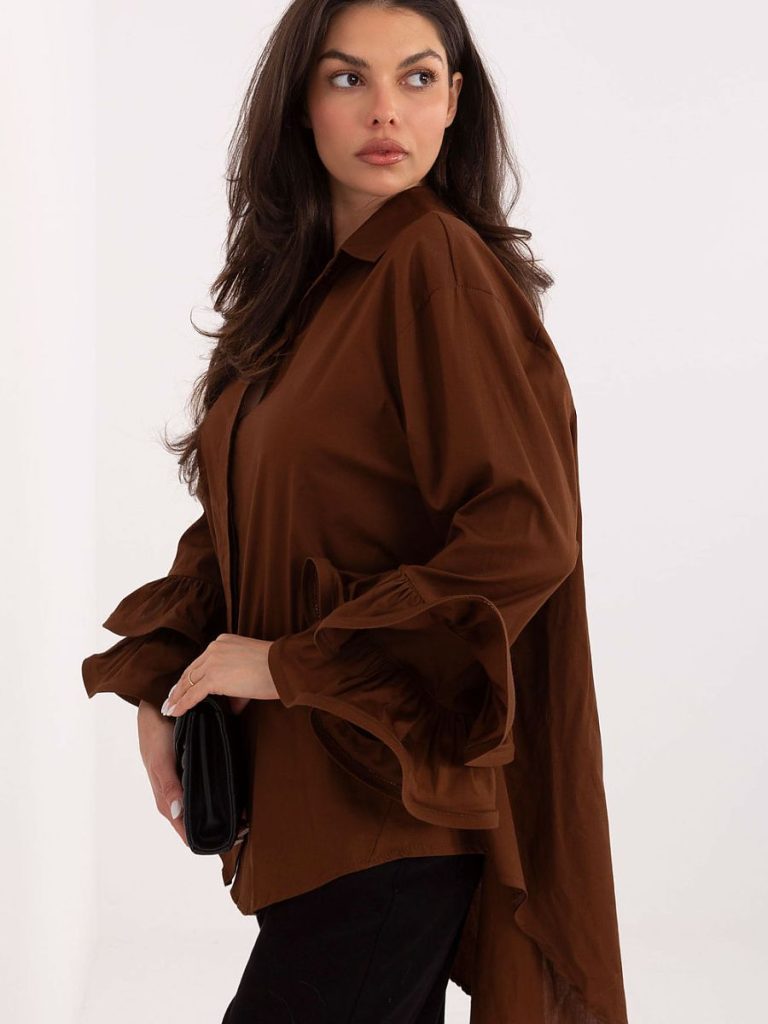 Chemise Camille brun volants manches longues coton femme — vue 3
