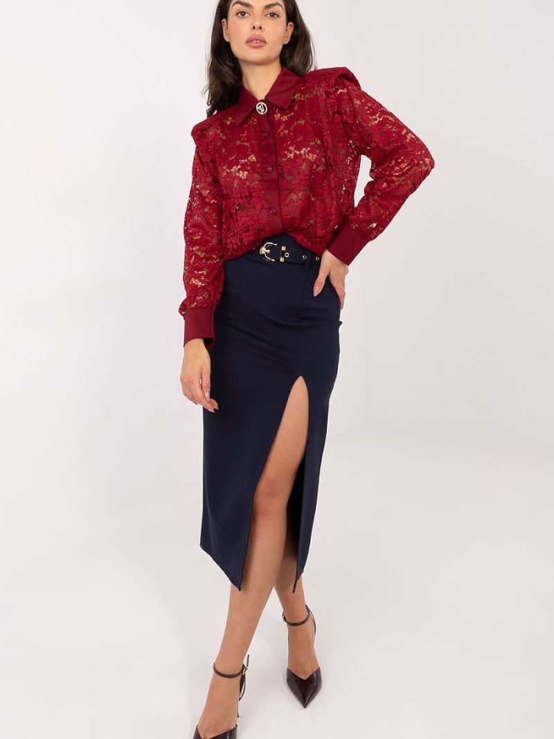 Chemise dentelle femme manches longues, épaulettes structurées, broche — vue 1