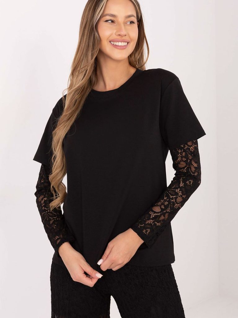 Chemisier noir femme manches 3/4 dentelle col rond