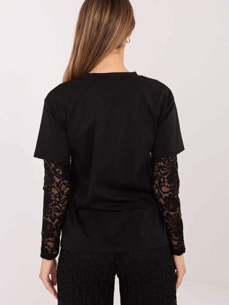 Chemisier noir femme manches 3/4 dentelle col rond — vue 2