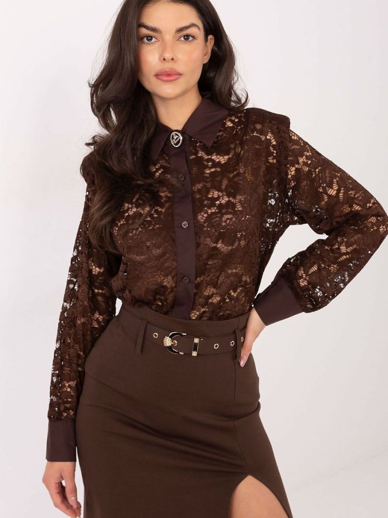 Chemise marron dentelle manches longues col classique broche — vue 3