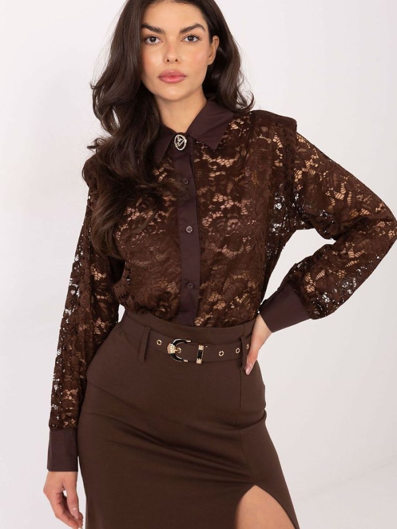 Chemise femme dentelle blanc manches longues col classique épaulettes — vue 3