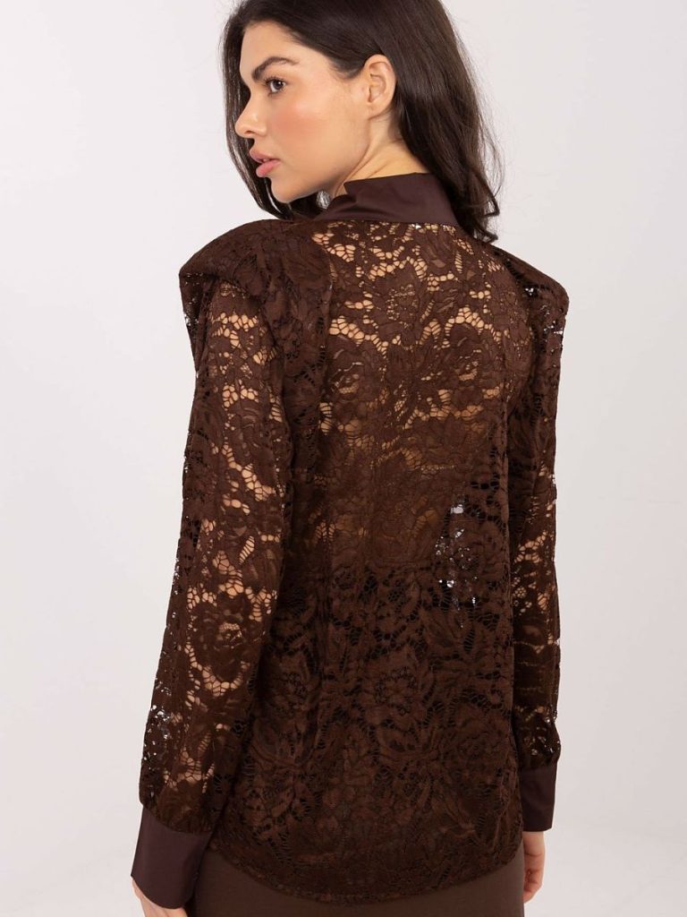 Chemise marron dentelle manches longues col classique broche — vue 4