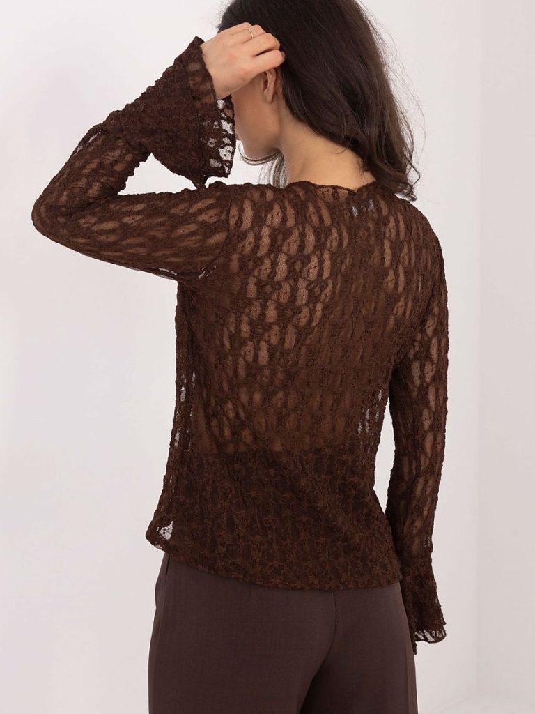 Blouse femme brun dentelle avec manches volants fluides — vue 2