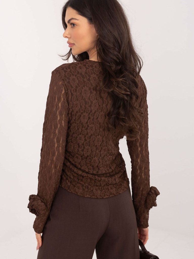 Blouse dentelle roses chocolat, manches longues, doublée, coupe ajustée — vue 2