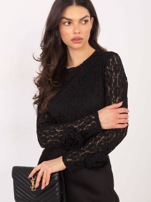 Blouse dentelle roses manches longues col rond viscose