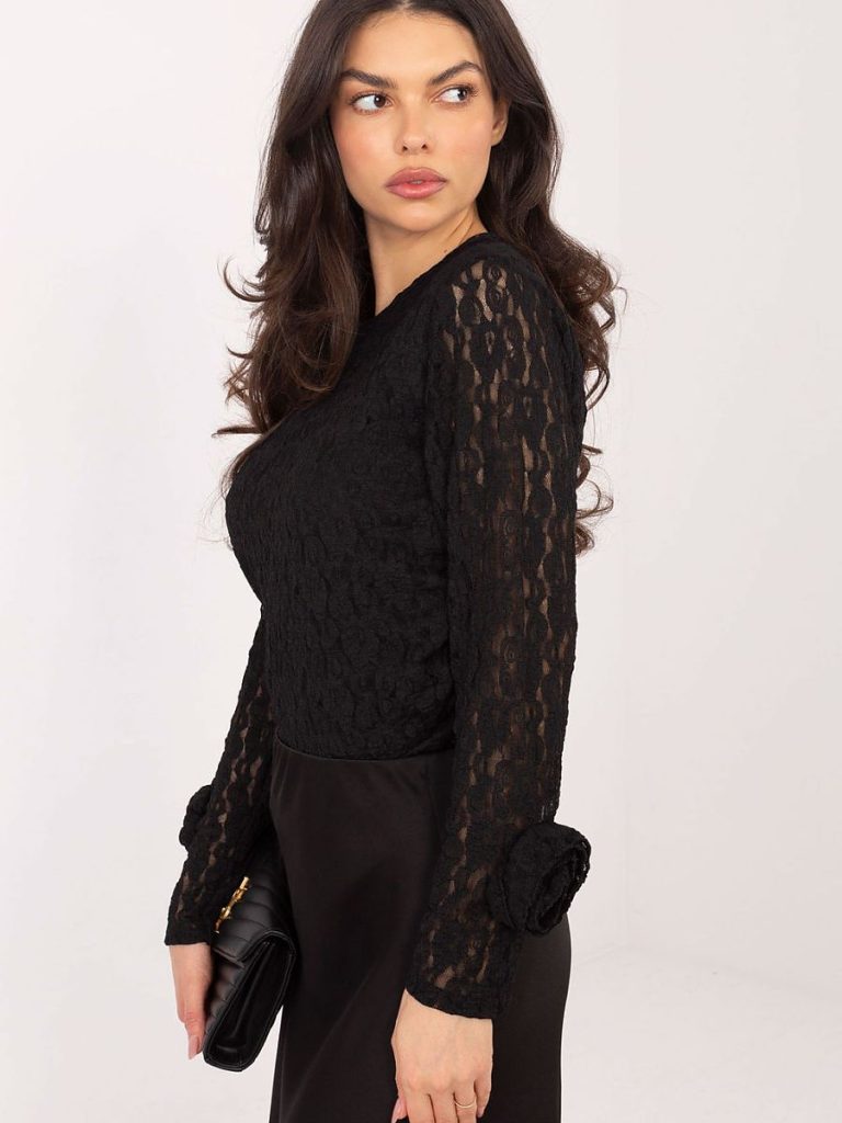 Blouse noire dentelle roses manches longues col rond — vue 1