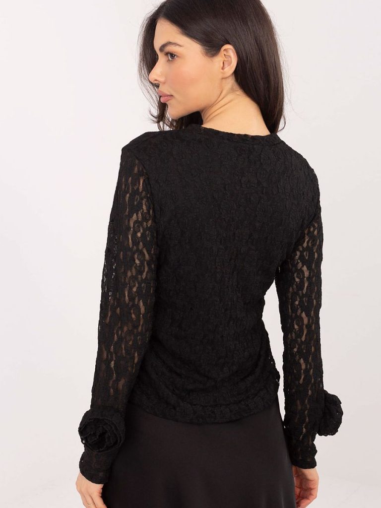 Blouse noire dentelle roses manches longues col rond — vue 2